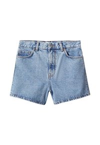 Shorts de mezclilla en azul claro con cintura alta, dobladillo deshilachado y cuatro bolsillos. Diseñados en un corte clásico con cierre de botón y cremallera en la parte delantera.