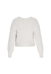 Lys grå cropped sweater med ribbet tekstur, brede ballonsleeves og rund halsudskæring. Blødt strikket materiale.