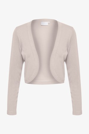 Beige verkürzter Cardigan mit langen Ärmeln, offenem Design, gerippter Textur und weichem Stoff. Keine Verschlüsse oder sichtbaren Muster.