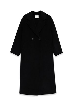 Garš melns mētelis no mīksta auduma, ar dubultkrūšu dizainu, izgriezta atloka apkakli, sānu kabatām un brīvu piegriezumu.