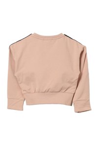 Maglione corto rosa chiaro con maniche lunghe e strisce nere lungo le cuciture delle spalle, visto da dietro.