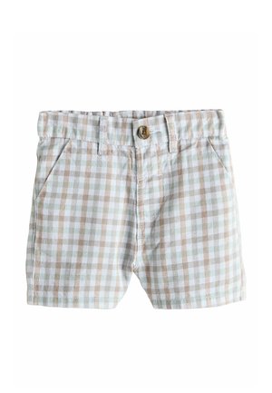 Hellblaue und beige karierte Kleinkind-Shorts mit Gürtelschlaufen, Seitentaschen und einem einzelnen braunen Knopfverschluss am Bund.