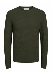 Ciemnozielony sweter z długim rękawem o fakturowanym, prążkowanym wzorze. Posiada okrągły dekolt i prosty krój, wykonany z miękkiego materiału.