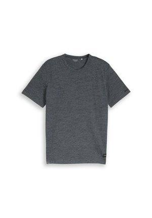 Donkergrijs T-shirt met korte mouwen en ronde hals, met een subtiele gemêleerde textuur en een klein zwart label vlakbij de onderste zoom, op een witte achtergrond.