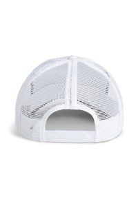 White mesh baseball cap with a solid back panel, visible adjustable snap closure, and contrasting inner lining. Lightweight and breathable design.