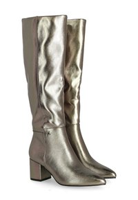 Hakkenlaarzen van glanzend metallic zilver leer. Tot aan de knie ontworpen met een gladde textuur, spitse neus en blokhak.