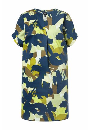 Abito a vestibilità ampia con maniche corte risvoltate con un motivo floreale astratto nei colori blu navy, verde oliva, marrone e crema.