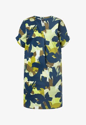 Locker sitzendes Kleid mit hochgekrempelten kurzen Ärmeln und einem abstrakten Blumenmuster in Marineblau, Olivgrün, Braun und Creme.
