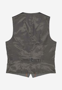 Graue Satweste mit glatter Textur, ärmellos, einer Schnallendetail am Rücken und einem kontrastierenden Besatz am Saum.