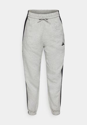 Light gray sweatpants with black side stripes, elastic waistband, and drawstring. Made of soft fabric with ribbed cuffs at the ankles.