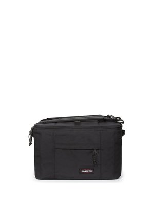 Bolso rectangular negro hecho de tela duradera, con cierre de cremallera, bolsillo frontal y una correa para el hombro que facilita el transporte.
