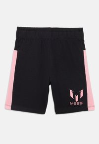 Sorte atletiske shorts med pink sidestykker og et broderet logo med teksten "MESSI" nederst til venstre foran. Elastisk talje.