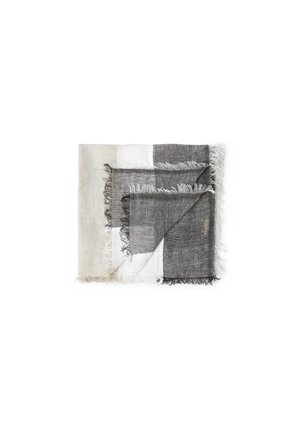Foulard carré léger avec des blocs beige, blanc et gris foncé et des bords à franges, soigneusement plié sur fond blanc.