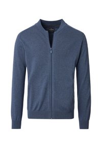 Granatowy sweter rozpinany na zamek z teksturowanym splotem, ściągaczami na mankietach i dolnym brzegu oraz stójką. Na piersi znajduje się małe logo.