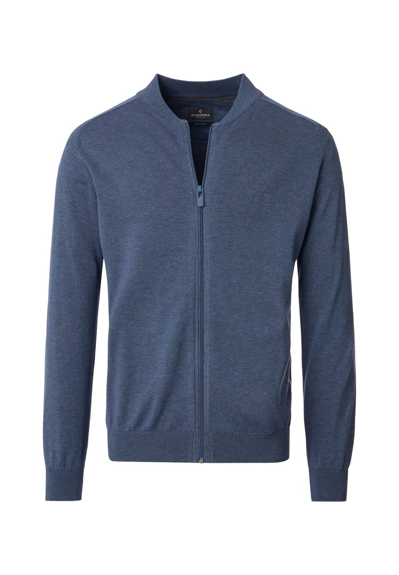 Granatowy sweter rozpinany na zamek z teksturowanym splotem, ściągaczami na mankietach i dolnym brzegu oraz stójką. Na piersi znajduje się małe logo.