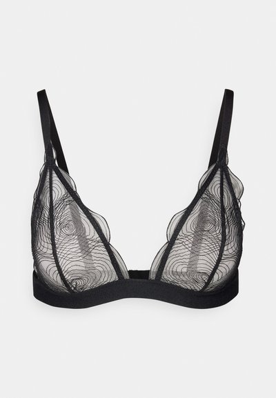 Melna bralette, kas izgatavota no caurspīdīga mežģīņu materiāla ar viļņotu rakstu, ar plānām siksnām un stabilu joslu zem krūtīm atbalstam.