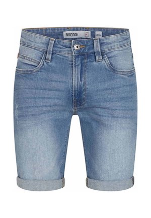 Medium blue denim shorts with rolled cuffs, front button and zipper closure, and five-pocket design.