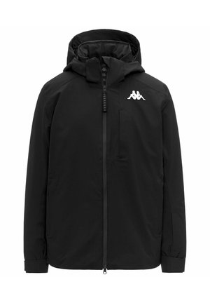 Giacca nera con cappuccio, zip frontale e logo bianco sul petto a sinistra, maniche lunghe e polsini regolabili.