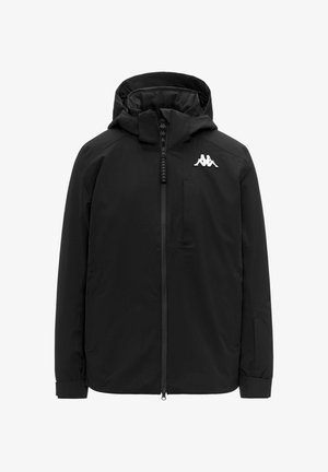 Giacca nera con cappuccio, zip frontale e logo bianco sul petto a sinistra, maniche lunghe e polsini regolabili.