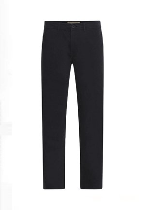 Pantalones de algodón negros con un diseño de pierna recta, cintura plana y presillas estándar para cinturón, que cuentan con discretos bolsillos frontales y traseros.