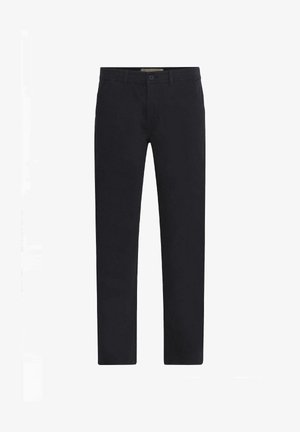 Black cotton trousers with a straight-leg design, flat front, and standard belt loops, featuring discreet front and back pockets.