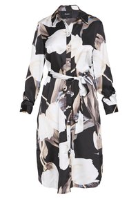 Langärmliges Hemdkleid mit Kragen, Taillengürtel und abstraktem, großem Blumendesign in Schwarz, Weiß, Beige und Blautönen.