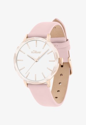 Runde Uhr mit weißem Zifferblatt, rosa Lederarmband und goldfarbenen Akzenten. Verfügt über minimalistische Stundenmarkierungen und eine strukturierte Lünette.