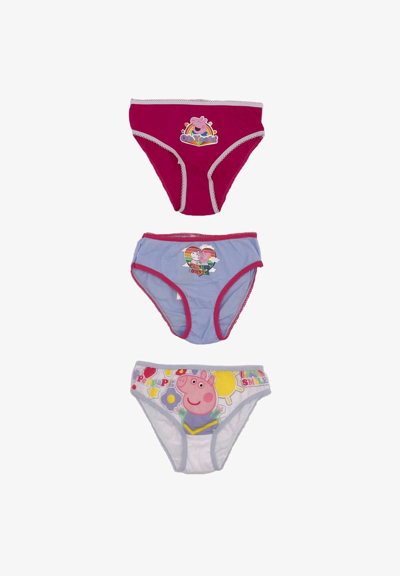 Drie paar kinderondergoed: een roze paar met een Peppa Pig ontwerp, een blauw paar met personages en een wit paar met Peppa en kleurrijke patronen.