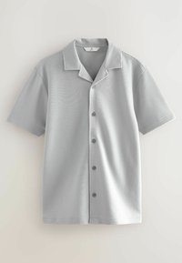 Light gray short-sleeve shirt with a ribbed texture, flat collar, and five button closures down the front. Straight hem at the bottom.
