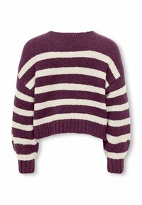 Maglione a righe viola e crema, lunghezza cropped, polsini e orlo a coste, tessuto a maglia testurizzato, scollatura arrotondata, maniche a dolman.