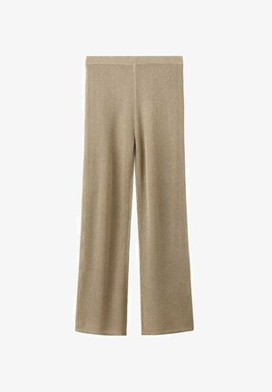 Beige wijde broek met textuur gebreide stof, elastische tailleband en rechte zoom, plat weergegeven tegen een witte achtergrond.