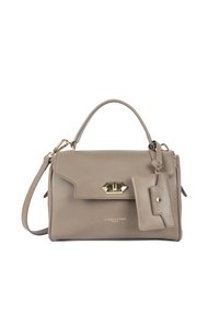 Borsa a mano in pelle beige con design strutturato, manico superiore e etichetta rimovibile. I dettagli in oro presentano una chiusura a gancio.