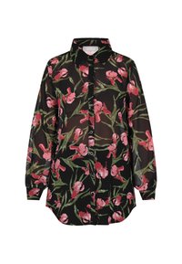 Bluză neagră transparentă cu un model floral vibrant în nuanțe de roz și verde, cu închidere prin butoane pe față și guler standard. Mâneci lungi cu manșete gathered.