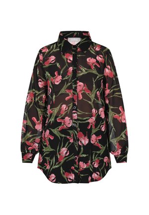 Fekete áttetsző blúz élénk rózsaszín és zöld virágmintával, gombos elülső résszel és hagyományos gallérral. Hosszú ujjak, megkötő mandzsettával.