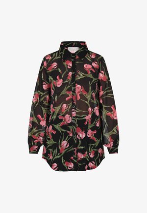 Bluză neagră transparentă cu un model floral vibrant în nuanțe de roz și verde, cu închidere prin butoane pe față și guler standard. Mâneci lungi cu manșete gathered.