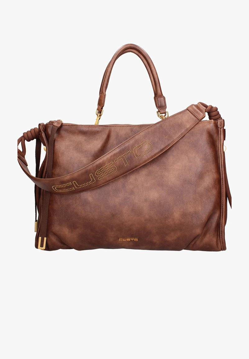 Borsa in pelle marrone con una finitura liscia, dotata di doppi manici, una tracolla removibile e dettagli in metallo dorato.