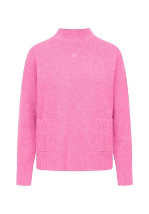 Roze gebreide trui met een hoge halslijn, twee voorzakken en geribbelde details bij de manchetten en de zoom. Subtiele hartlogo nabij de kraag.