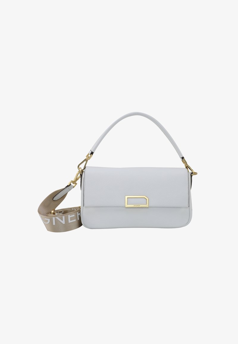 Bolso de mano de cuero gris con un diseño estructurado, una asa corta y una correa extraíble. Presenta un broche dorado y acentos con el logo.