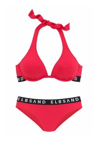 Czerwony zestaw bikini z topem na halterze z węzłem i miękkimi miseczkami oraz pasującym dołem z czarnym paskiem, na którym widnieje napis "ELBSAND" w białym kolorze.