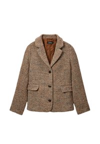 Veste marron en pied-de-poule avec un col cranté, une coupe simple boutonnée, deux poches avant et des boutons marron. Tissu texturé avec une doublure chaude.