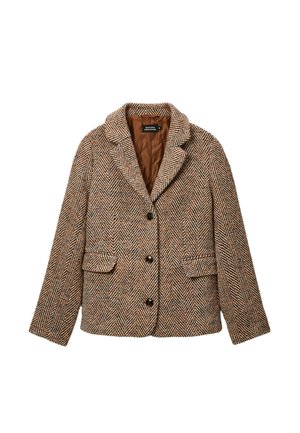 Veste marron en pied-de-poule avec un col cranté, une coupe simple boutonnée, deux poches avant et des boutons marron. Tissu texturé avec une doublure chaude.