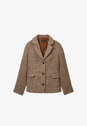 Veste marron en pied-de-poule avec un col cranté, une coupe simple boutonnée, deux poches avant et des boutons marron. Tissu texturé avec une doublure chaude.