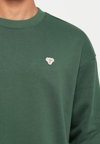 Felpa verde con colletto a girocollo a costine e un piccolo logo ricamato beige sulla parte sinistra del petto. Tessuto morbido.