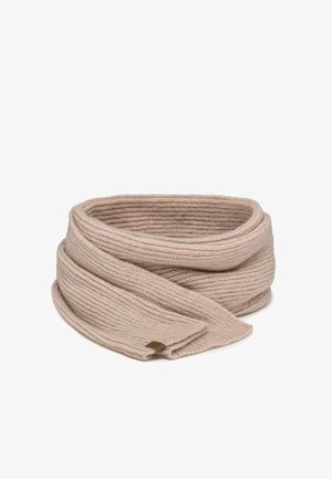 Eșarfă tricotată într-o nuanță moale, deschisă de bej, cu textură ribbed. Prezintă un design plat și o etichetă logo subtilă, având o lățime de aproximativ 20 cm.