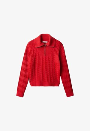 Pulover roșu din tricot cu un design scurt, având un guler mare și un fermoar în față pe jumătate. Materialul texturat oferă un aspect confortabil.