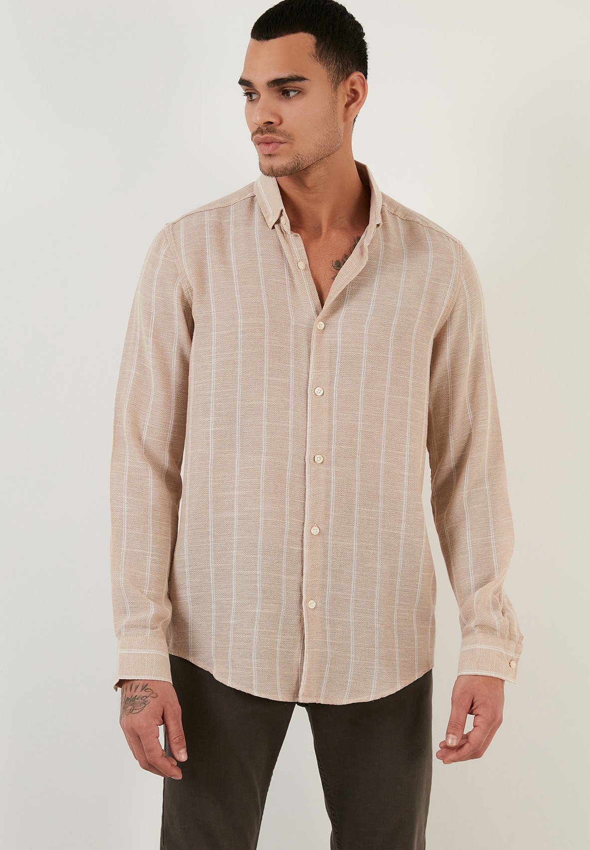 Camicia Casual Uomo In Flanella Scozzese, Maniche Lunghe, Beige Puro, Taglia S