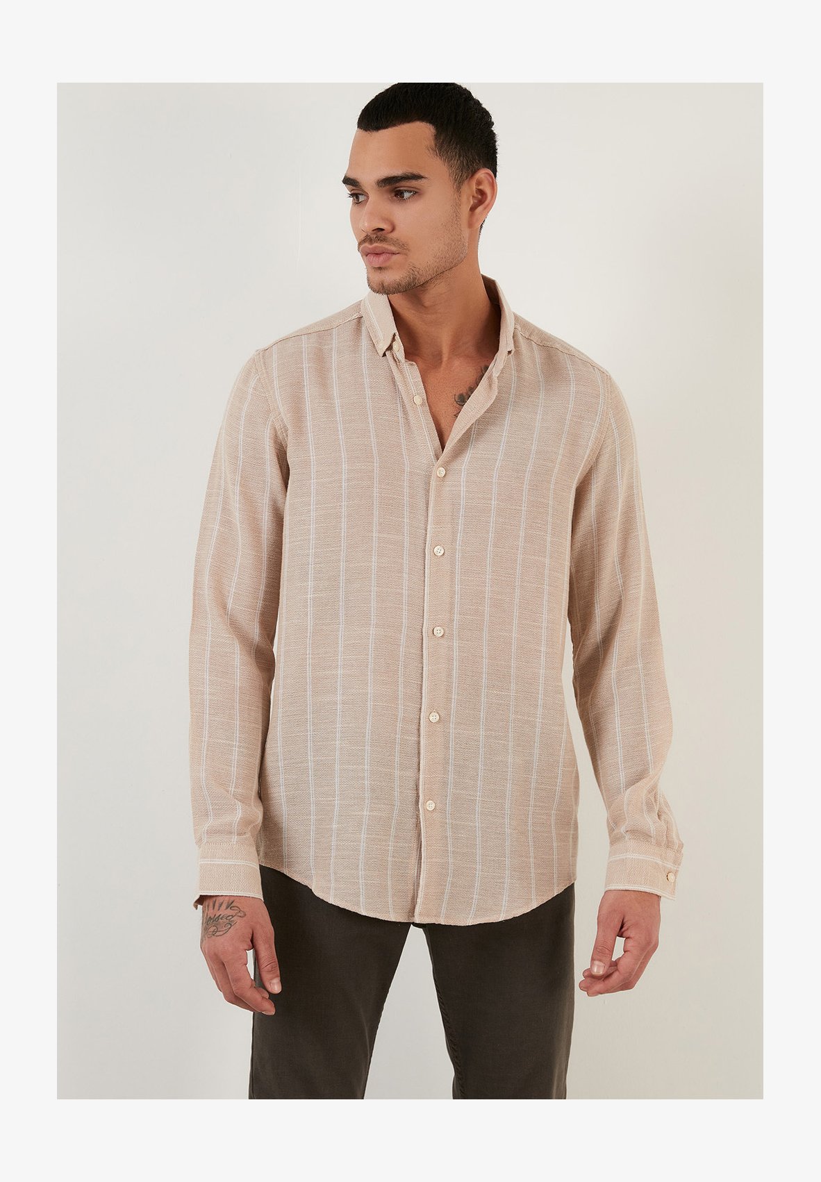 Camicia Casual Uomo In Flanella Scozzese, Maniche Lunghe, Beige Puro, Taglia S