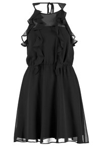 Robe noire sans manches avec devant froncé et poitrine supérieure transparente, lien au cou et taille froncée.
