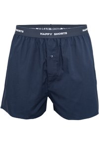 Navy blue cotton boxer shorts with elastic waistband featuring "HAPPY SHORTS" in white lettering and a front button closure.
