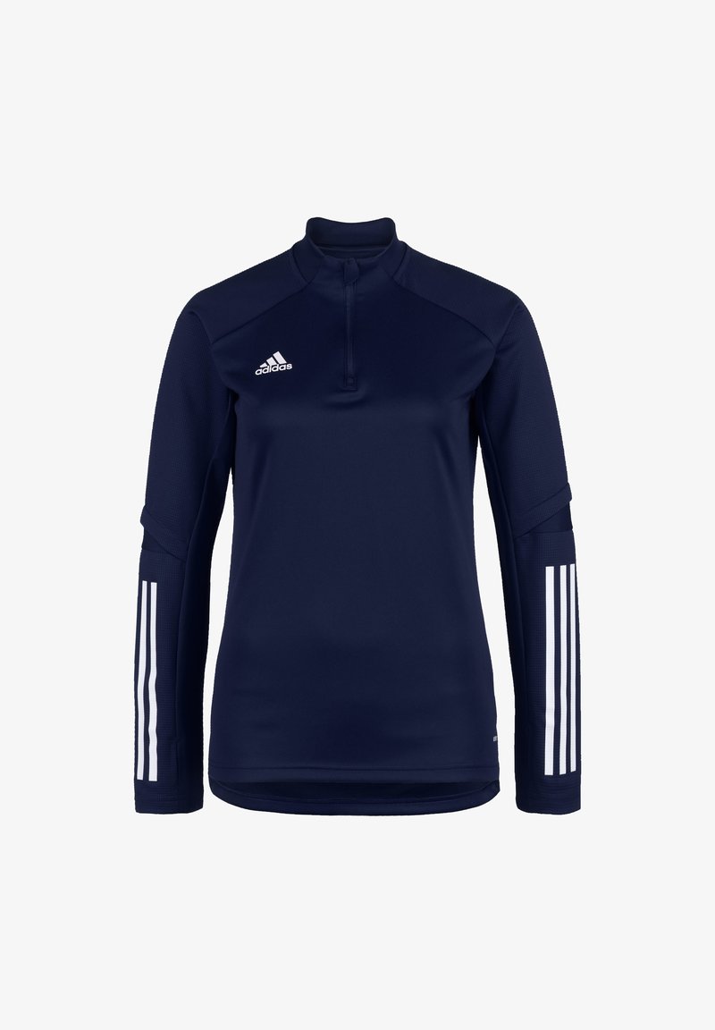 Navy athletic pullover with a high collar, quarter zip, and long sleeves. White stripes on each sleeve and a textured upper area.